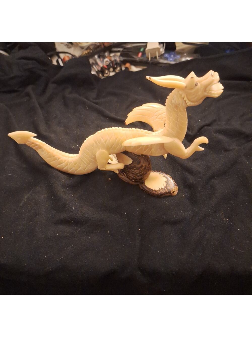 Natural Genuine Tagua Nut hand Carved Dragon Reiki Decoration On Swivilling Base